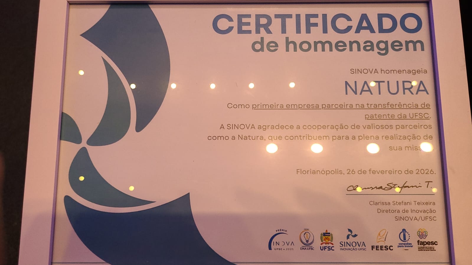 Natura é Certificada no Prêmio INOVA UFSC 2025